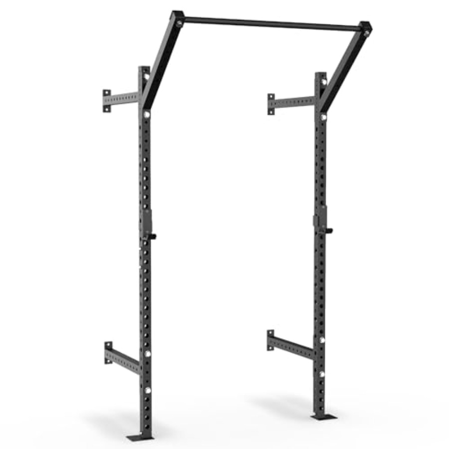Home Bar And Gym - 家庭用ジム向け壁掛けスクワットラック、スチール製、黒仕上げ、耐荷重750ポンド、Jカップと調整可能な懸垂バー付き