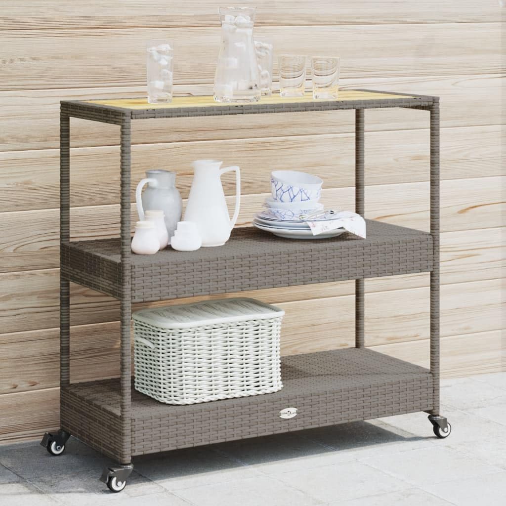 Home Bar Shelves - 3段式屋外バーカート、木製天板と籐製棚を備えた移動式サービングトロリー、パティオ・ガーデン・ホーム用ローリングアイランド、カスタマイズ可能