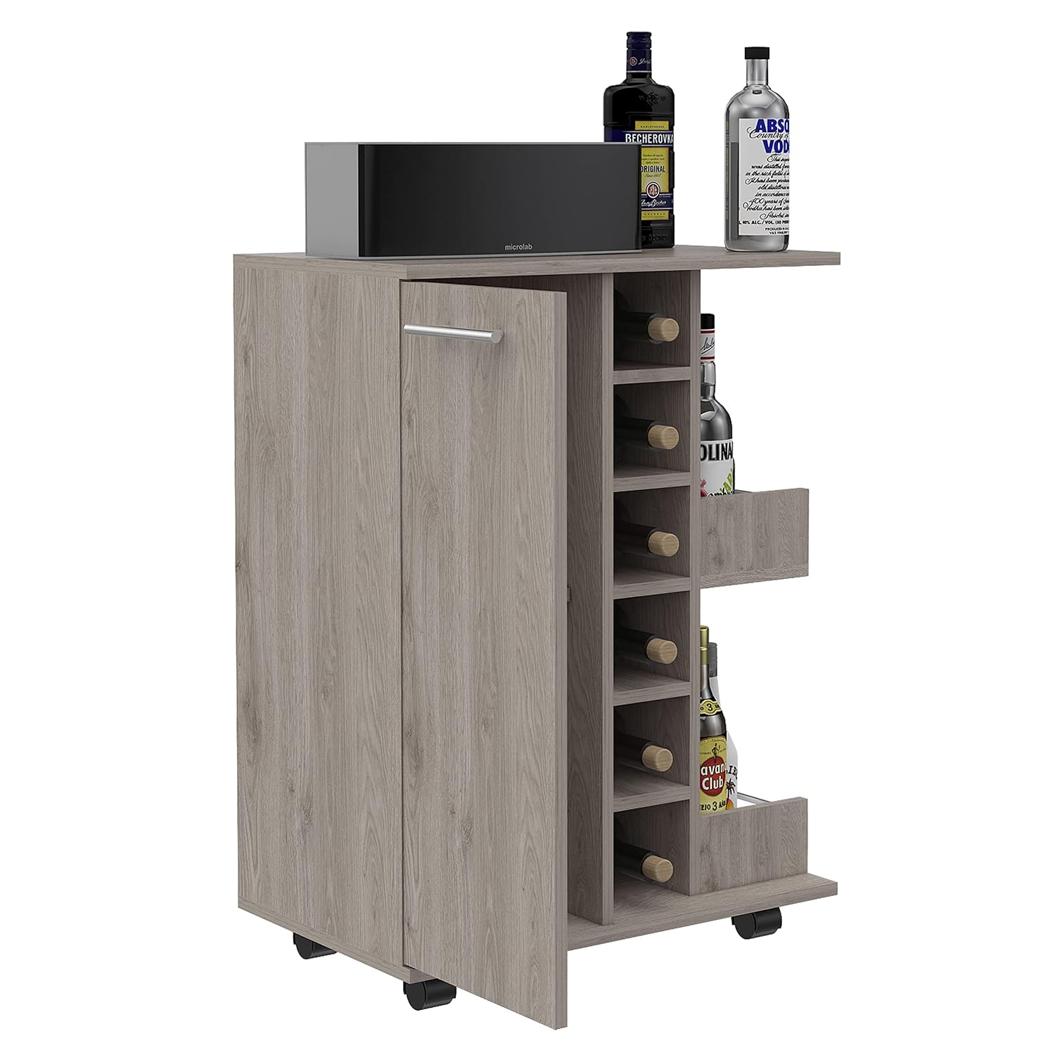 Home Bar Shelves - ローリングバーカート、天板23.6インチ、ワイン収納6個、1ドアキャビネット＆2段のレール棚、ホームバーやリビングルーム用木製カート、カスタマイズ可能