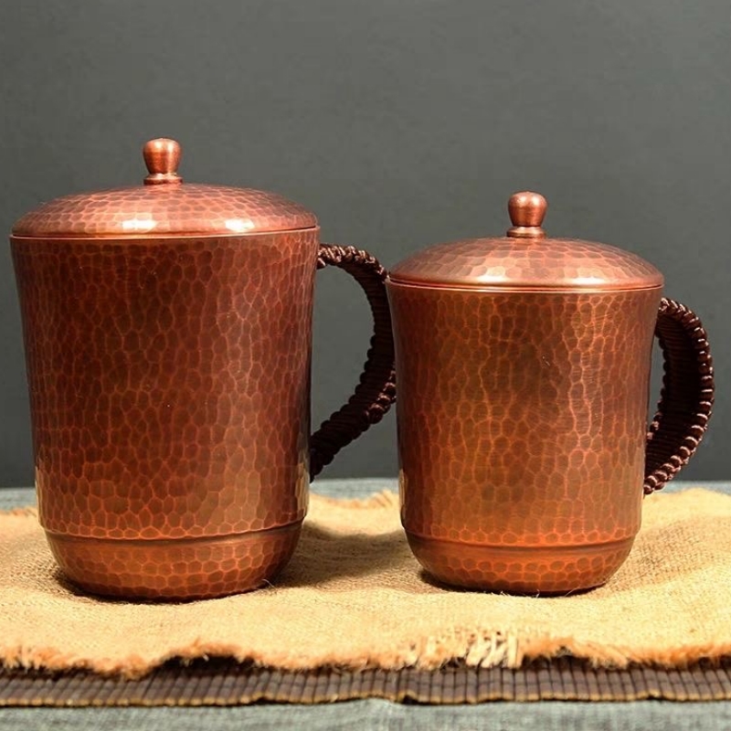 Mule Copper Mug - ヴィンテージ純銅コーヒーカップ、蓋付きマグモスクワミュールタンブラー厚みのあるハンマーテクスチャ織ハンドル500mlビールジョッキ、食器