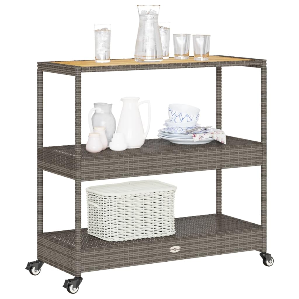 3段式屋外バーカート、木製天板と籐製棚を備えた移動式サービン - Home Bar Shelves のレビューと価格