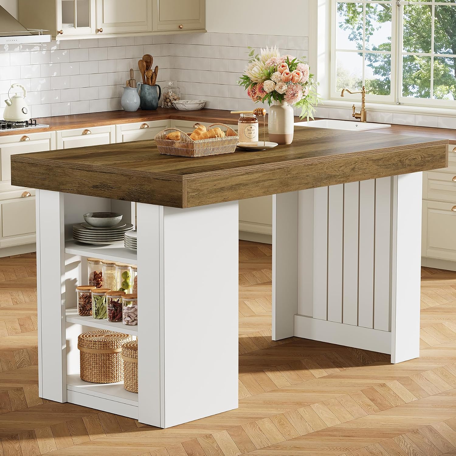 収納付きキッチンアイランド、55インチ固定式アイランドテーブ - Home Bar And Counter のレビューと価格