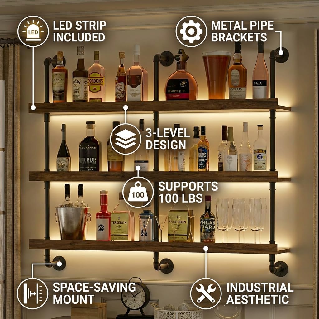 壁掛けワインラック LEDライト付き 3段フローティングバー - Home Bar Shelves のレビューと価格