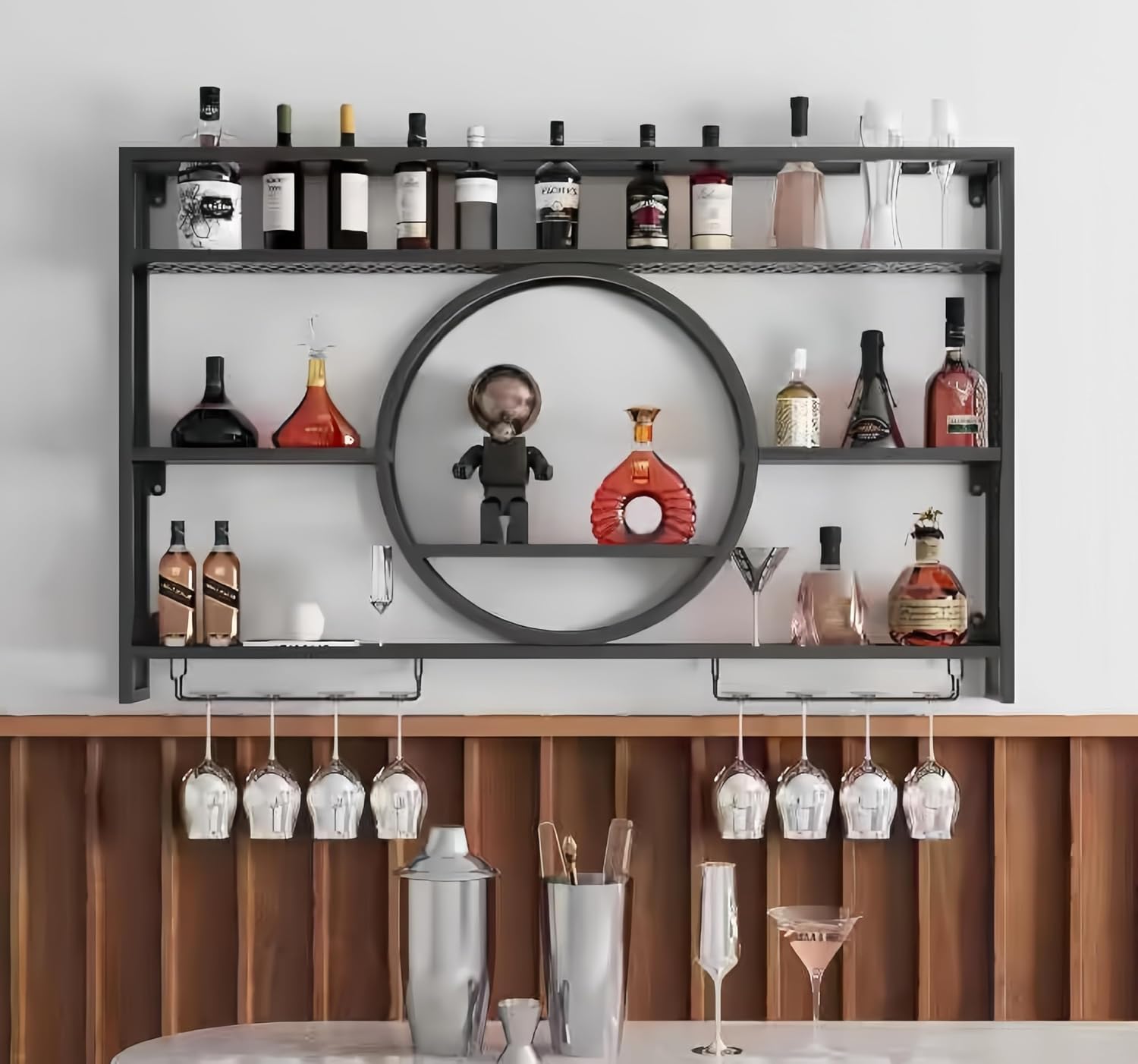 黒色の金属製壁掛けワイン収納棚、グラスホルダー付き、大容量の - Home Bar Shelves のレビューと価格